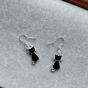 Hand Crafted Black Enamel Cat Earrings